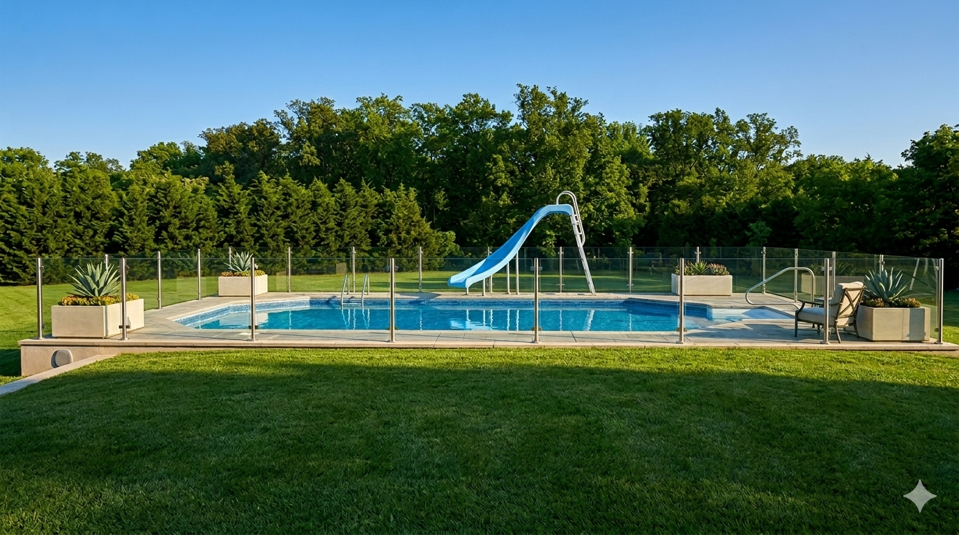 A blue swimming pool with a slide, surrounded by a glass fence and greenery, set in a sunny backyard.