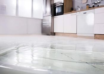 A flooded kitchen with a blue rug on the floor