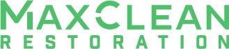 The logo for maxclean restoration is green and white on a white background.