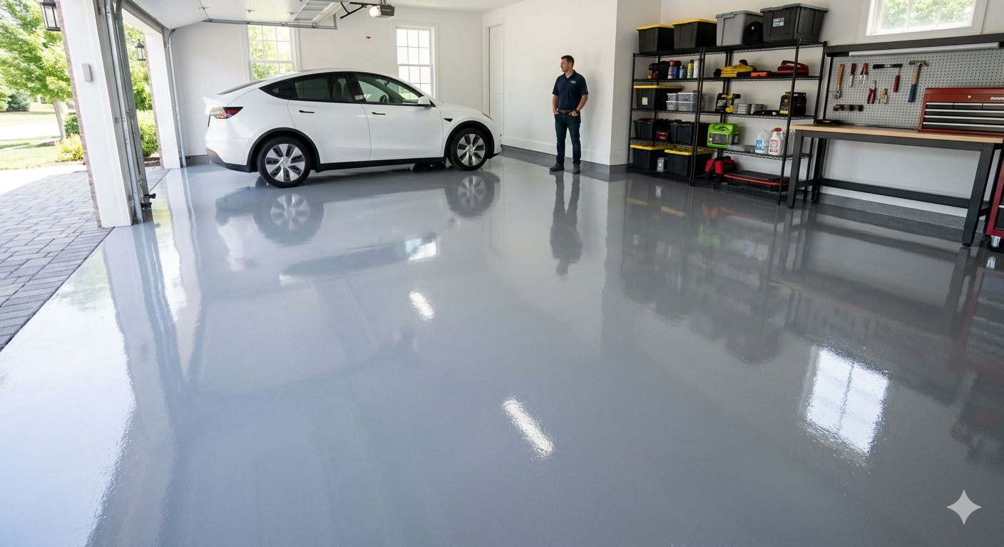 High-quality glossy grey epoxy garage floor with a white car.