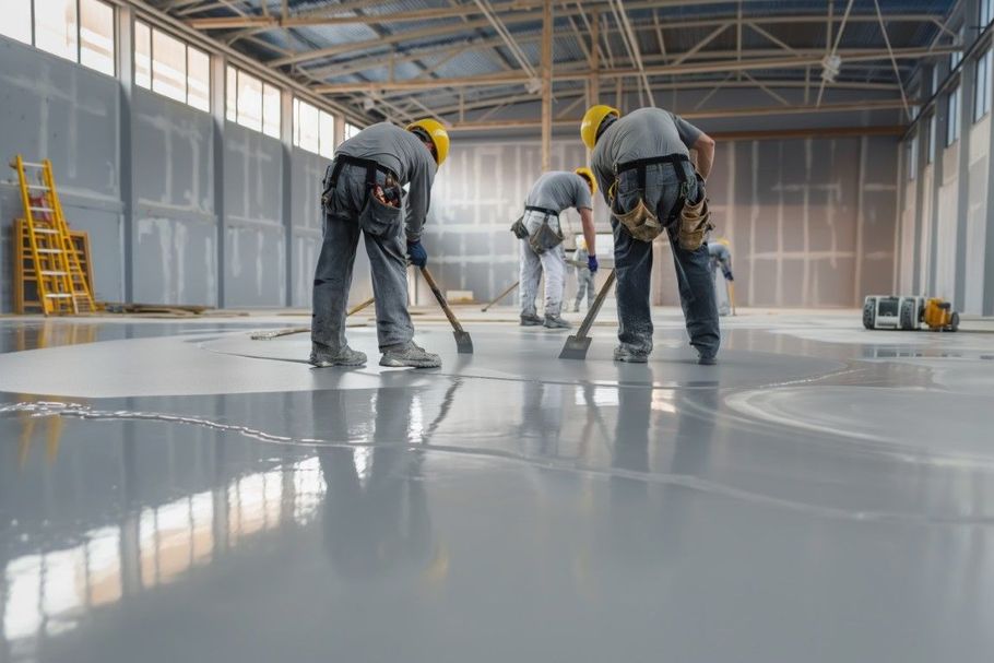 Polished metallic epoxy office floor with a high-gloss finish.