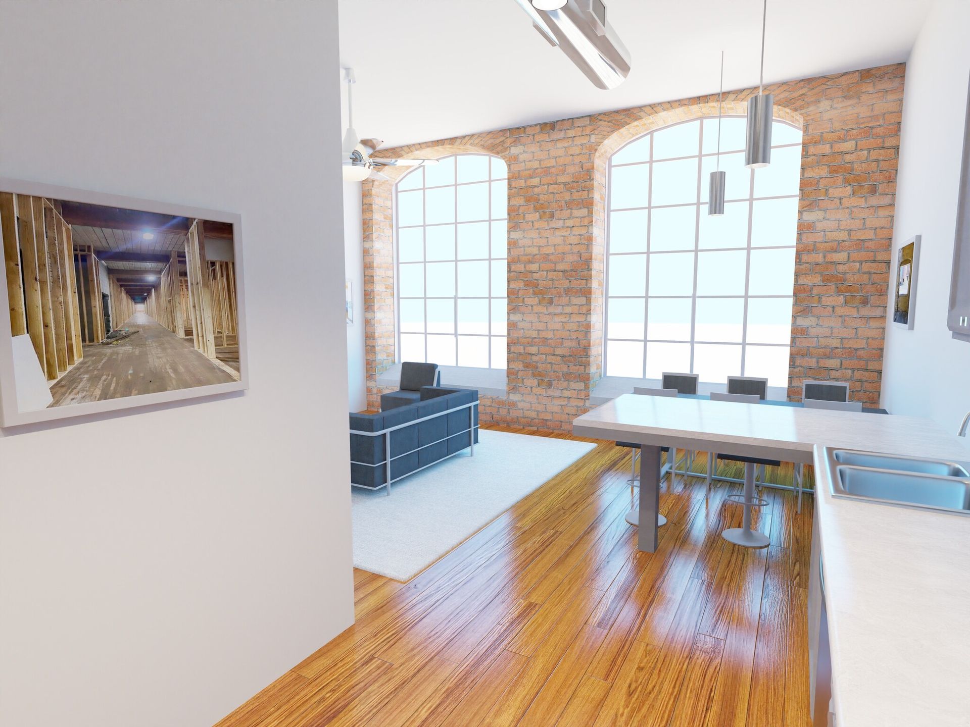 A living room with a couch , table , chairs and a picture on the wall.