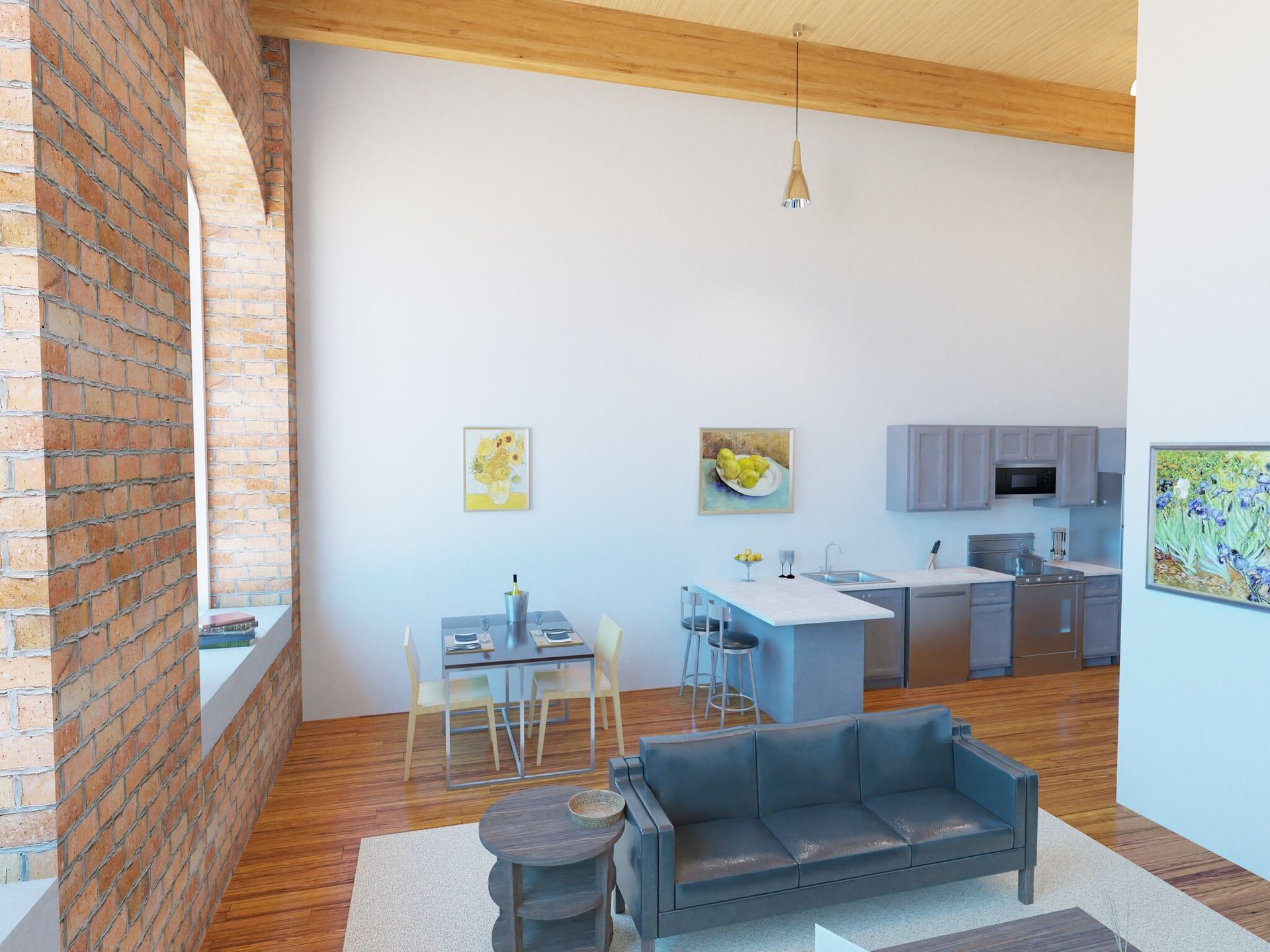 An artist 's impression of a living room and kitchen.