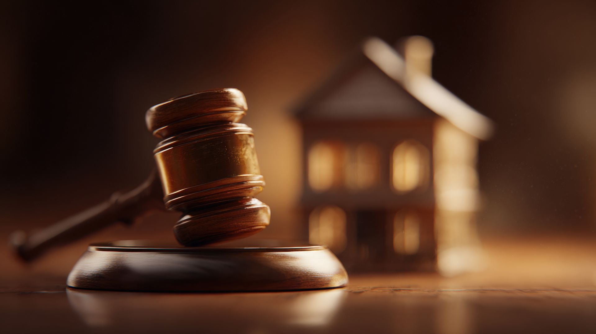A wooden gavel resting on a block with a blurred house model in the background.