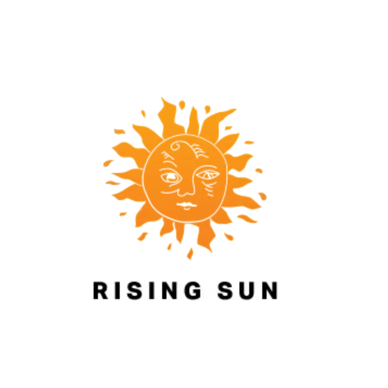 A logo for rising sun with a sun with a face on it