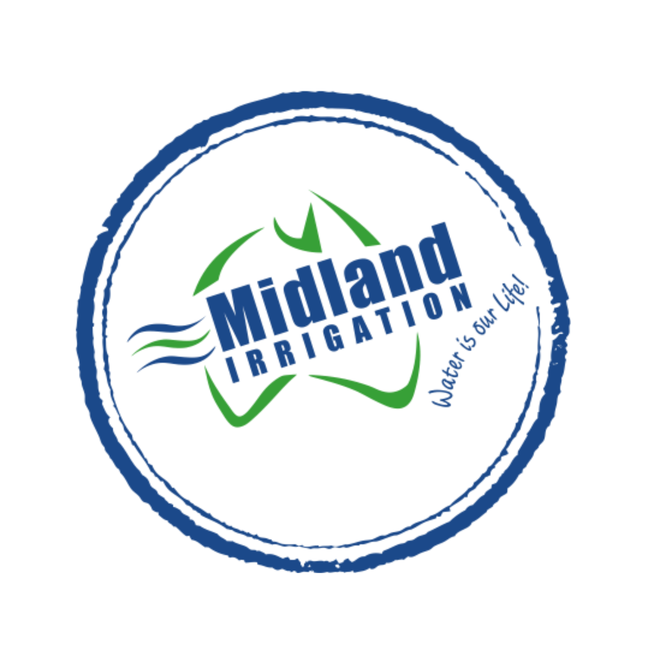 A blue and green logo for midland irrigation