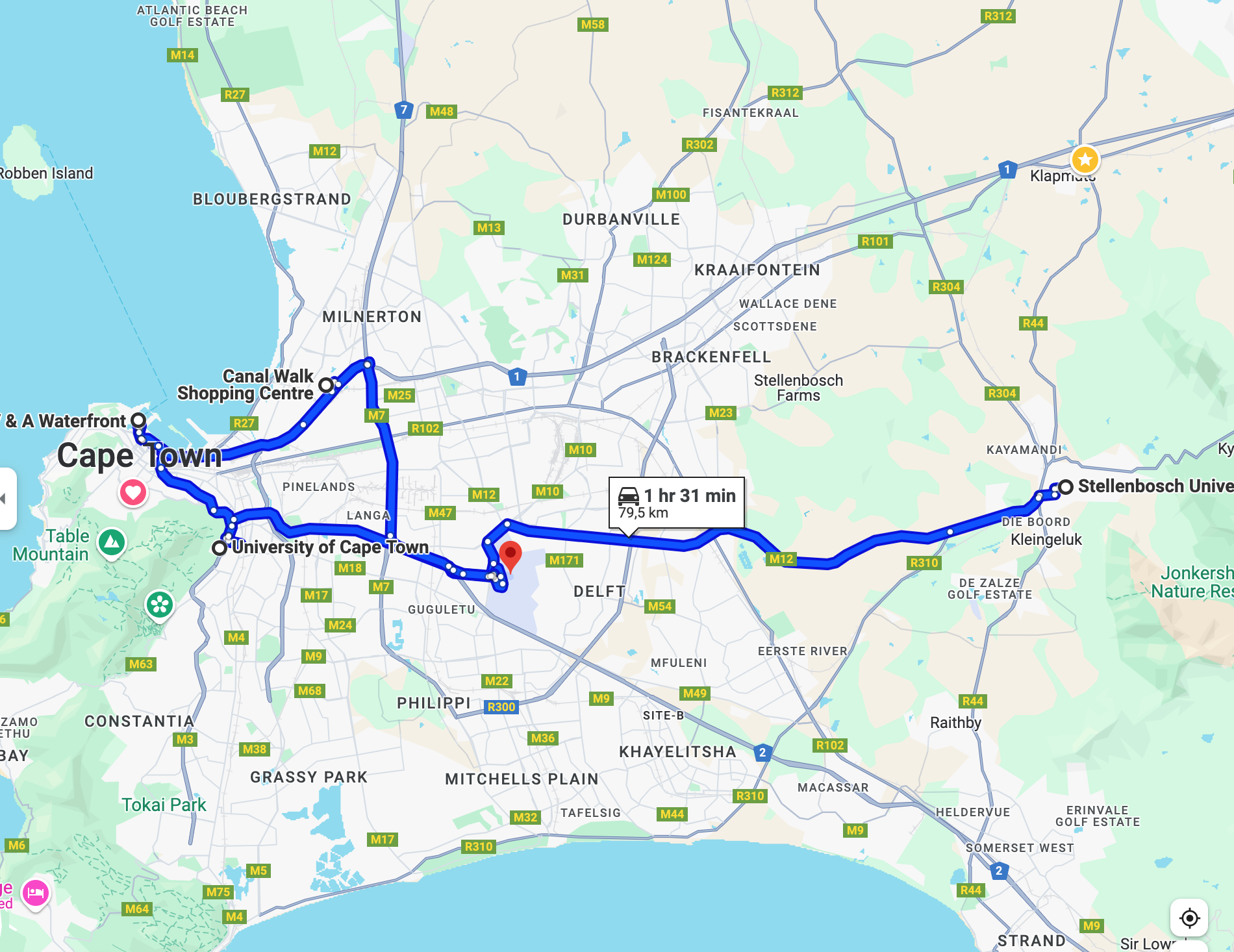 A map of a city with a blue line going through it.