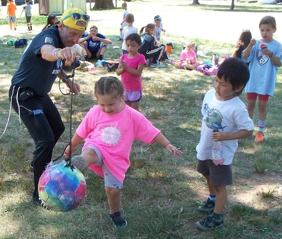 a little girl in a pink shirt is kicking a soccer ball