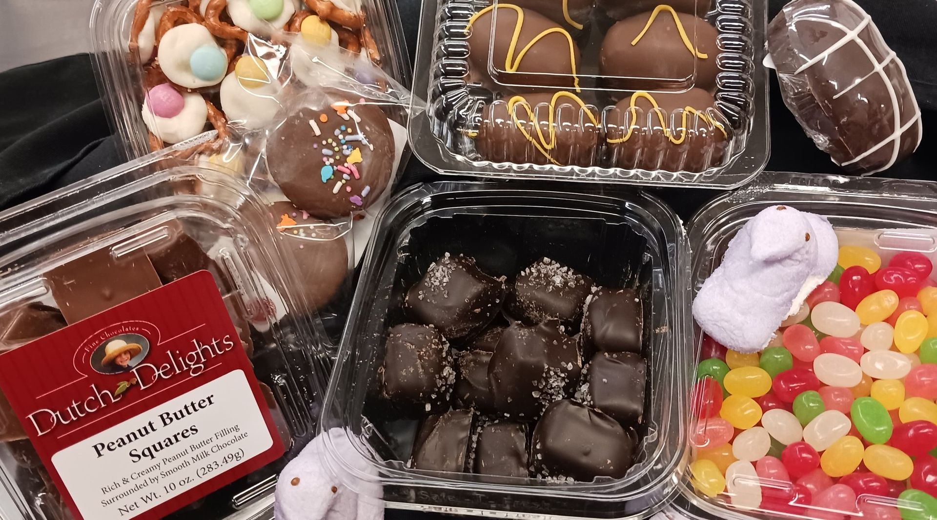 A variety of candy including peanut butter eggs and jelly beans