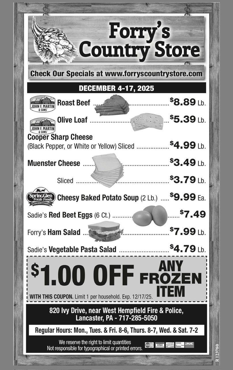 Forry's Country Store ad: food items, prices, and store details.
