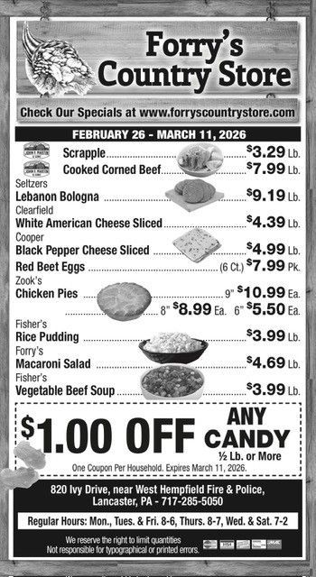 Forry's Country Store ad: food items, prices, and store details.