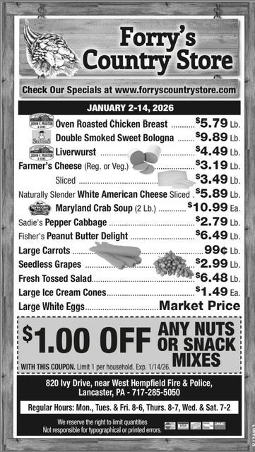 Forry's Country Store ad: food items, prices, and store details.
