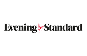 The logo for the evening standard is black and red with a flamingo on it.