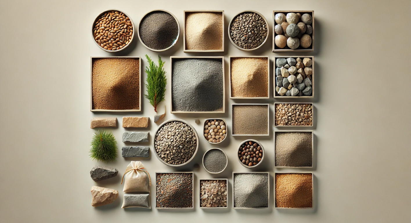 There are many different types of sand and rocks in boxes.