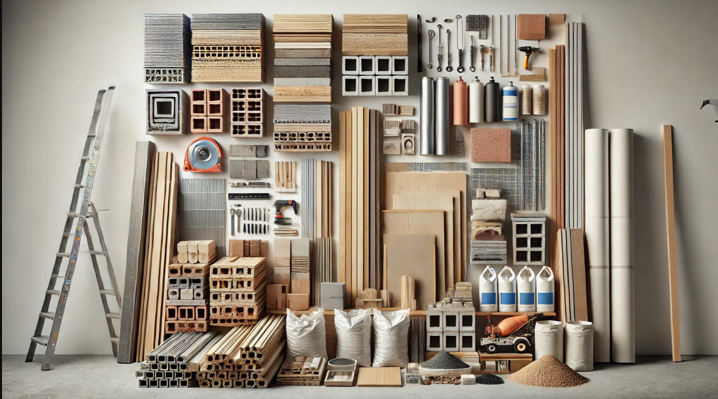 There are many different types of building materials on the wall.