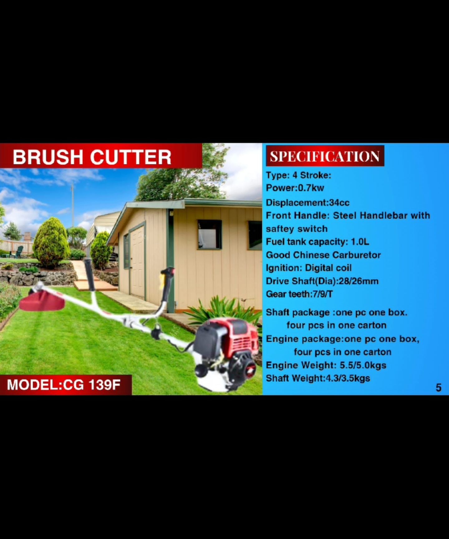 A picture of a brush cutter with a shed in the background