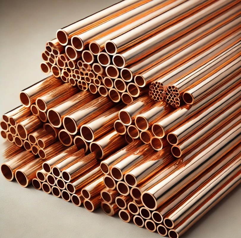 A bunch of copper pipes are stacked on top of each other