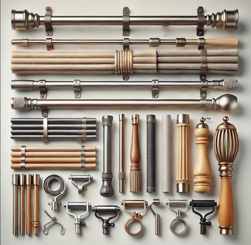 A bunch of different types of curtain poles on a table