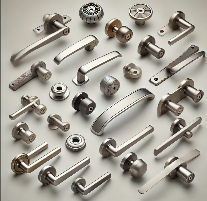 A variety of door handles and knobs on a table