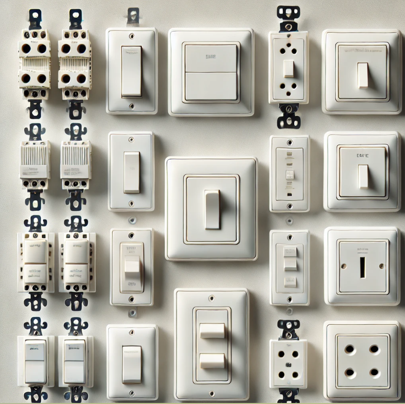 A wall full of different types of light switches and sockets