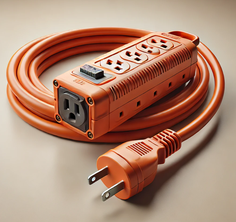 An orange extension cord with a plug attached to it
