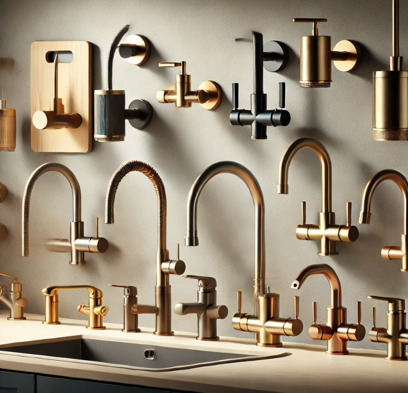 A bunch of faucets are hanging on a wall above a sink