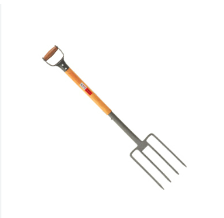 A garden fork with a wooden handle on a white background