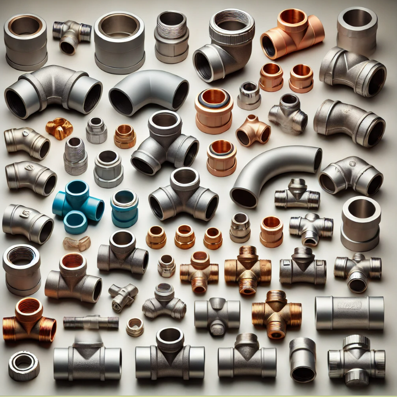 A bunch of metal pipes and fittings on a table