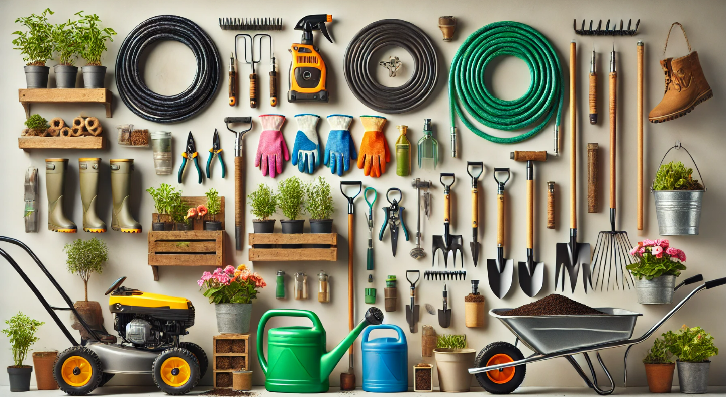 A wall filled with lots of gardening tools and plants.