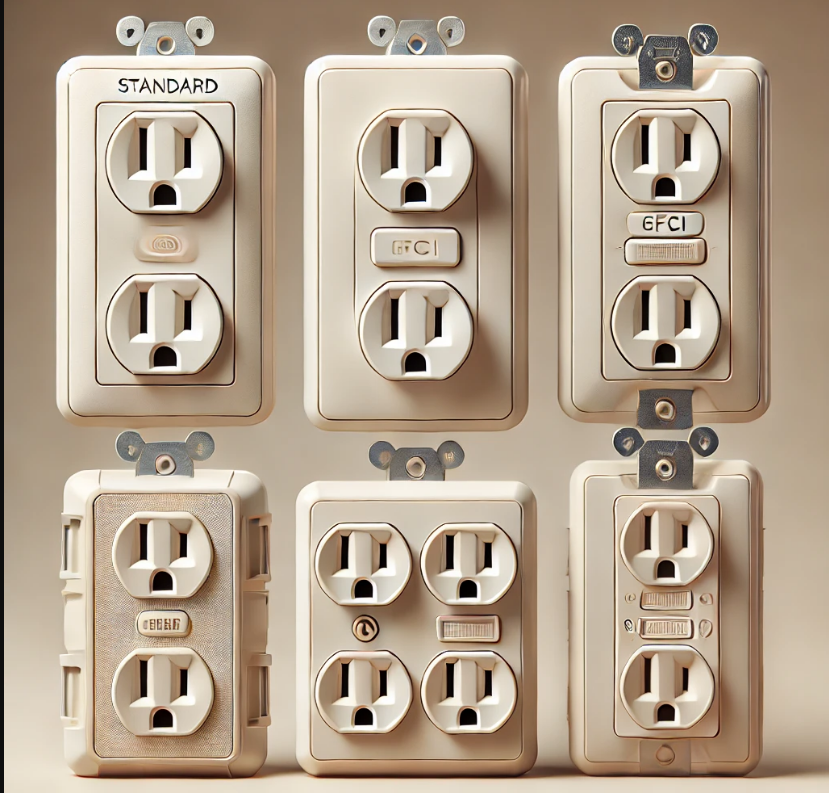 A group of electrical outlets are lined up in a row
