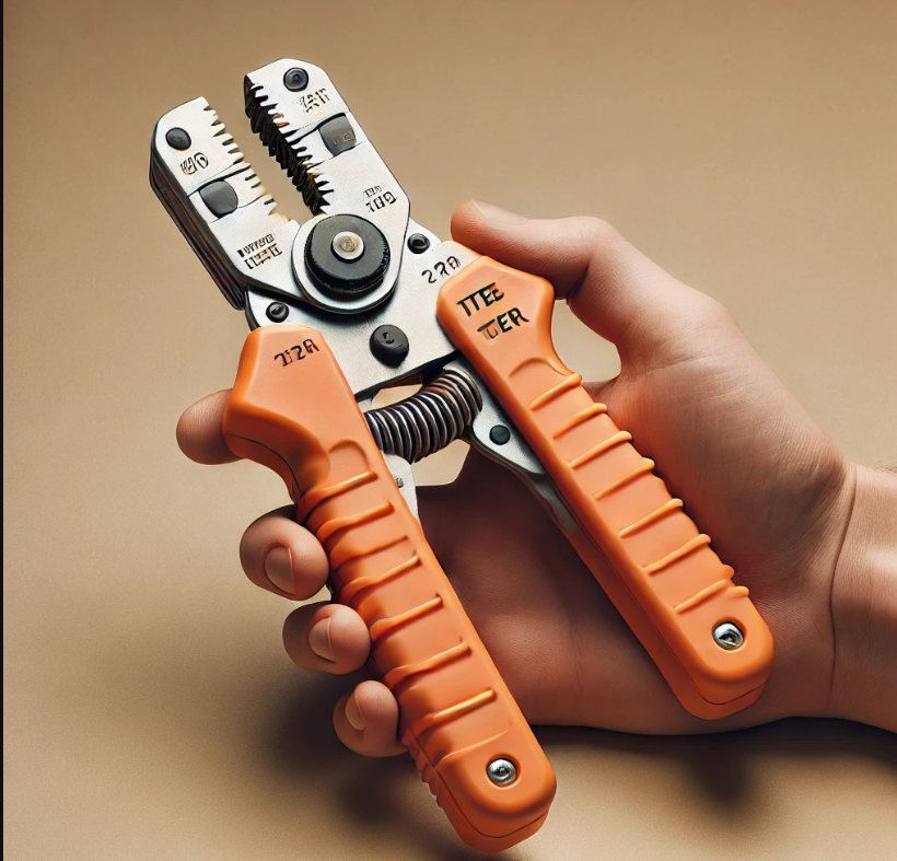 A person is holding a wire stripper with orange handles