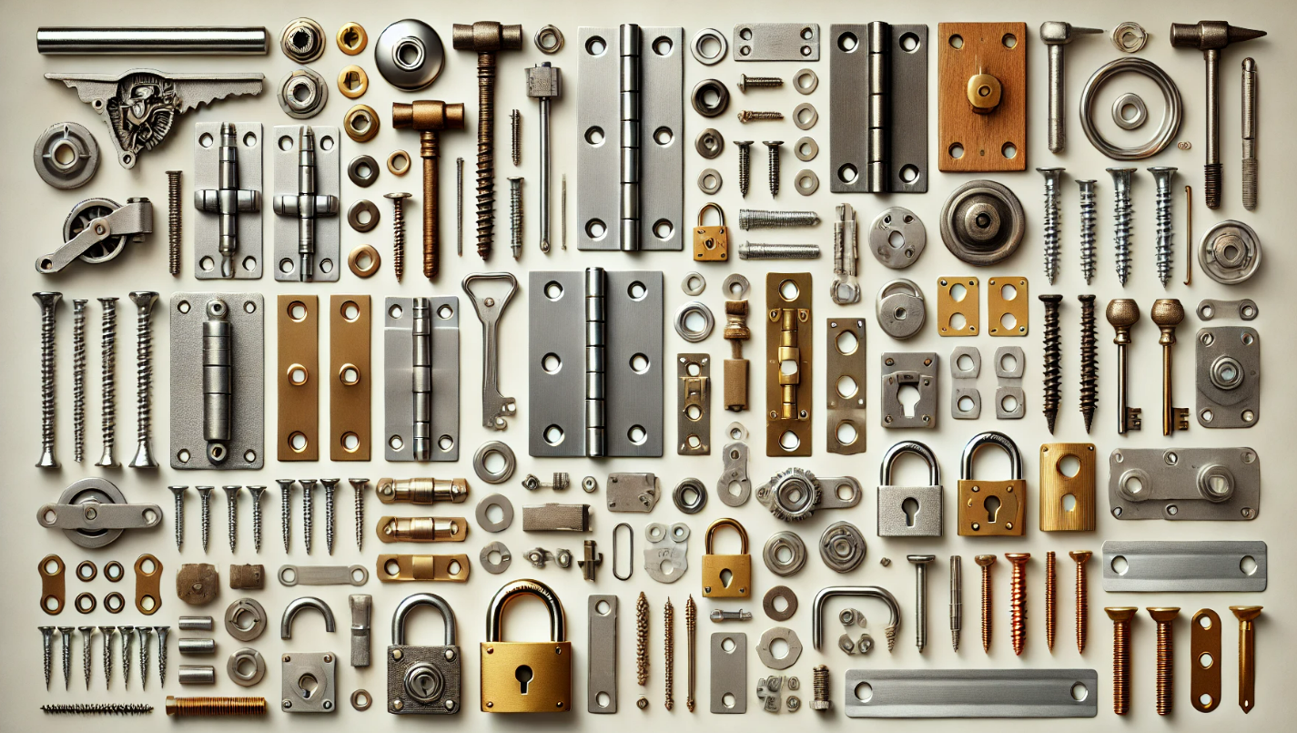 A bunch of different types of hardware are lined up on a table