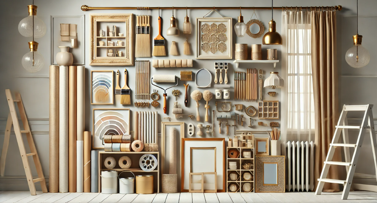 A wall filled with lots of wooden frames and tools.