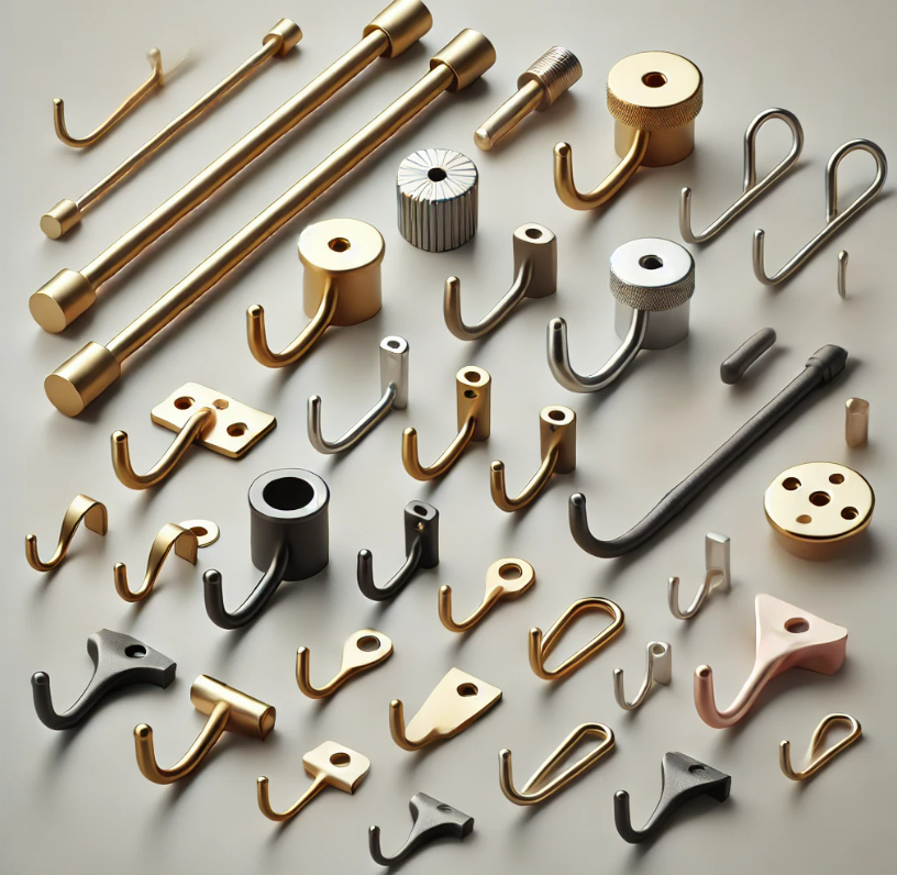A bunch of hooks and screws on a table