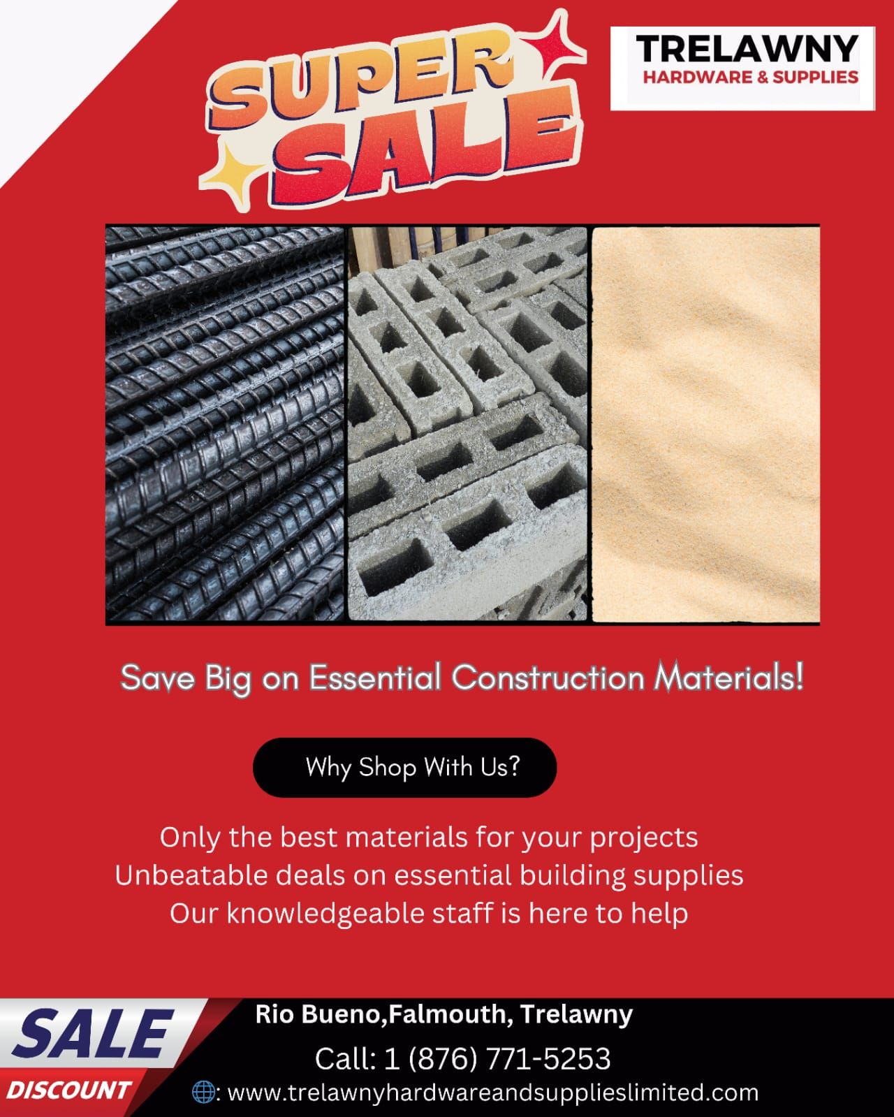 A super sale advertisement for trelawny construction materials