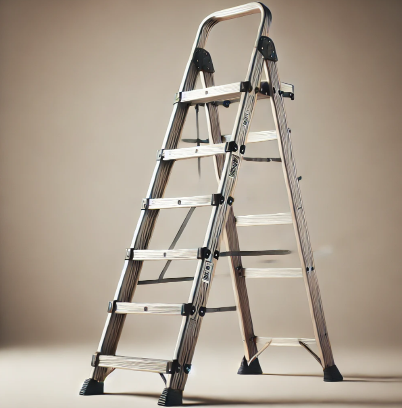 A wooden ladder is sitting on a beige surface