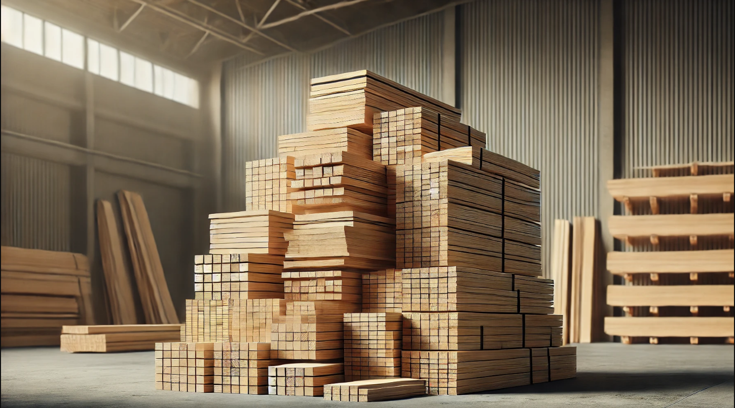 A large pile of wood is stacked on top of each other in a warehouse.