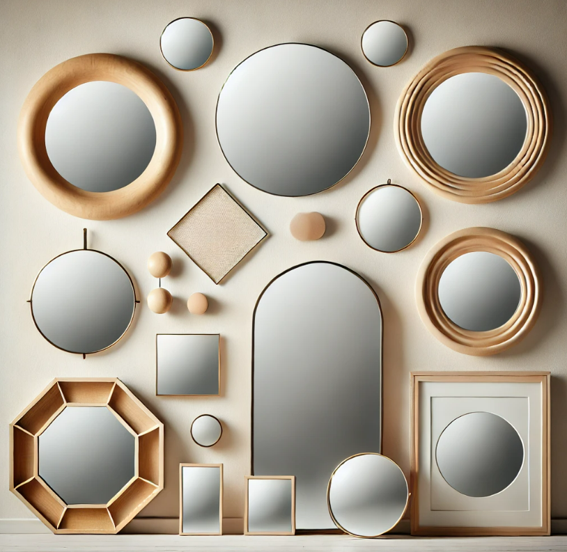 A group of mirrors are hanging on a wall