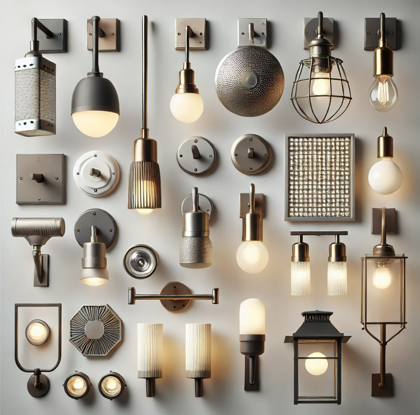 A wall with a lot of different types of lights on it