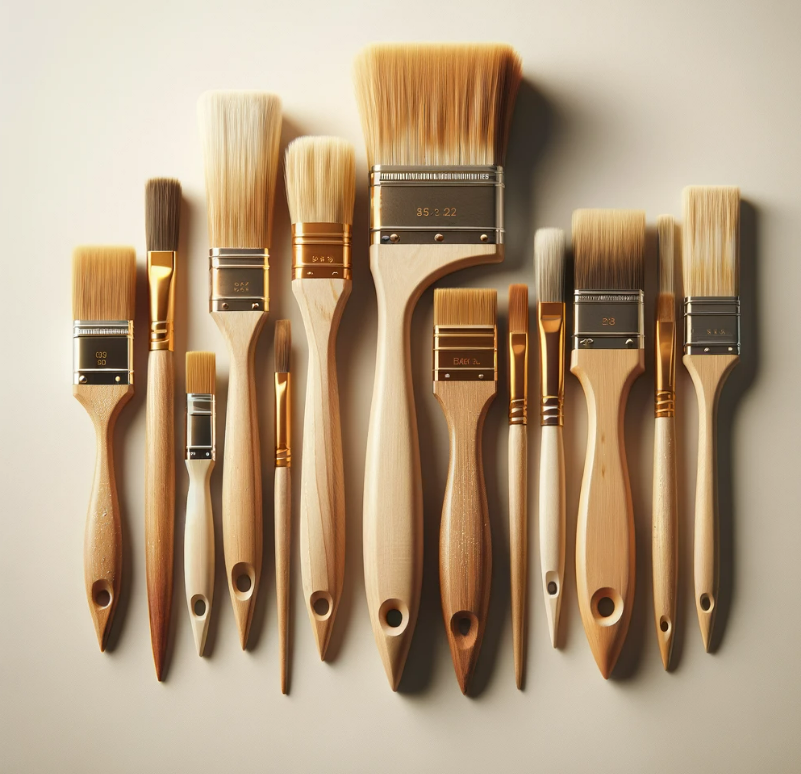 A bunch of paint brushes with wooden handles