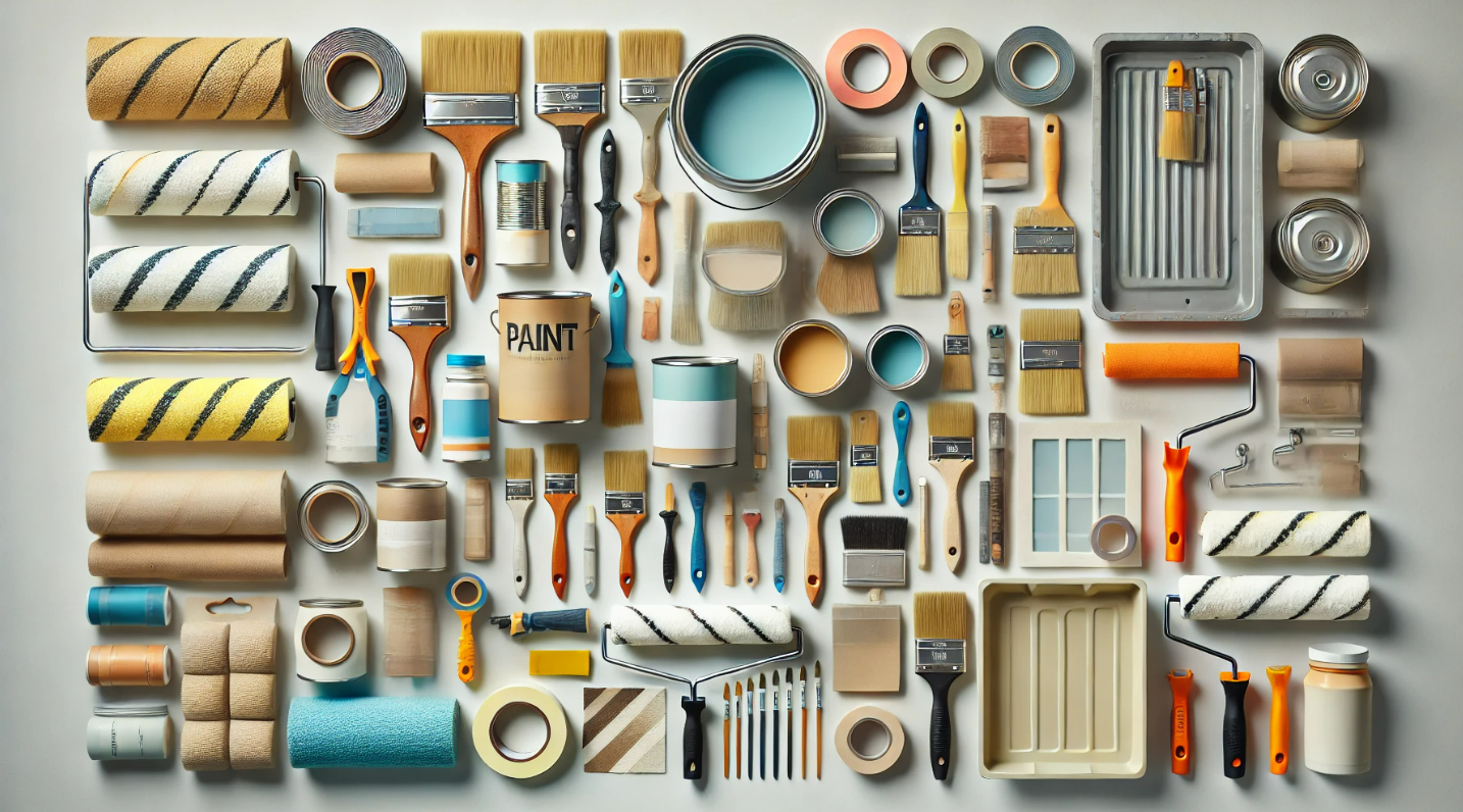 A bunch of paint brushes and rollers on a table