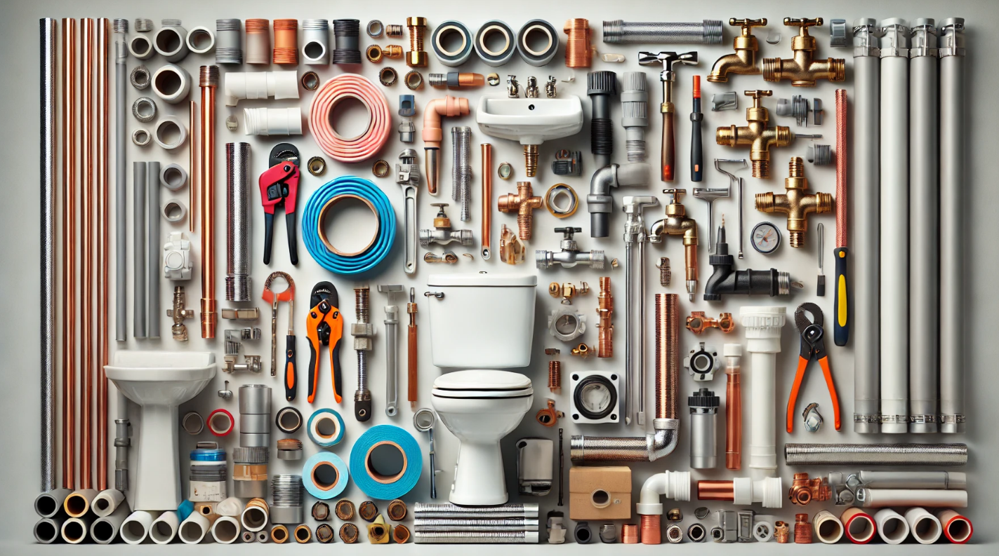 A toilet , sink , and other plumbing tools are arranged in a pattern.