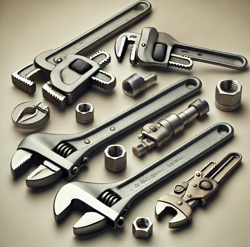 A bunch of wrenches and nuts on a table