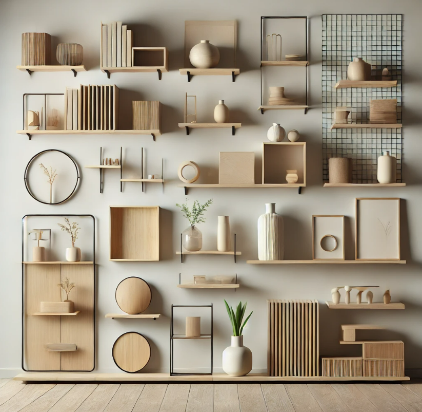 A wall filled with lots of shelves and vases