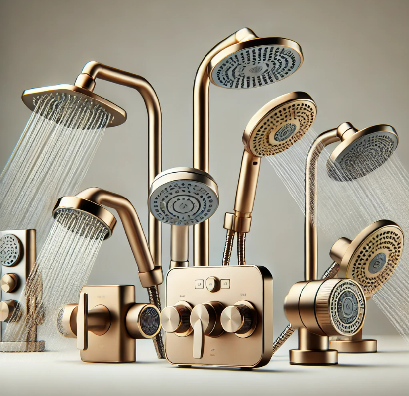 A group of shower heads are lined up in a row