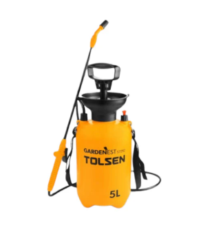 A yellow tolsen sprayer is sitting on a white surface