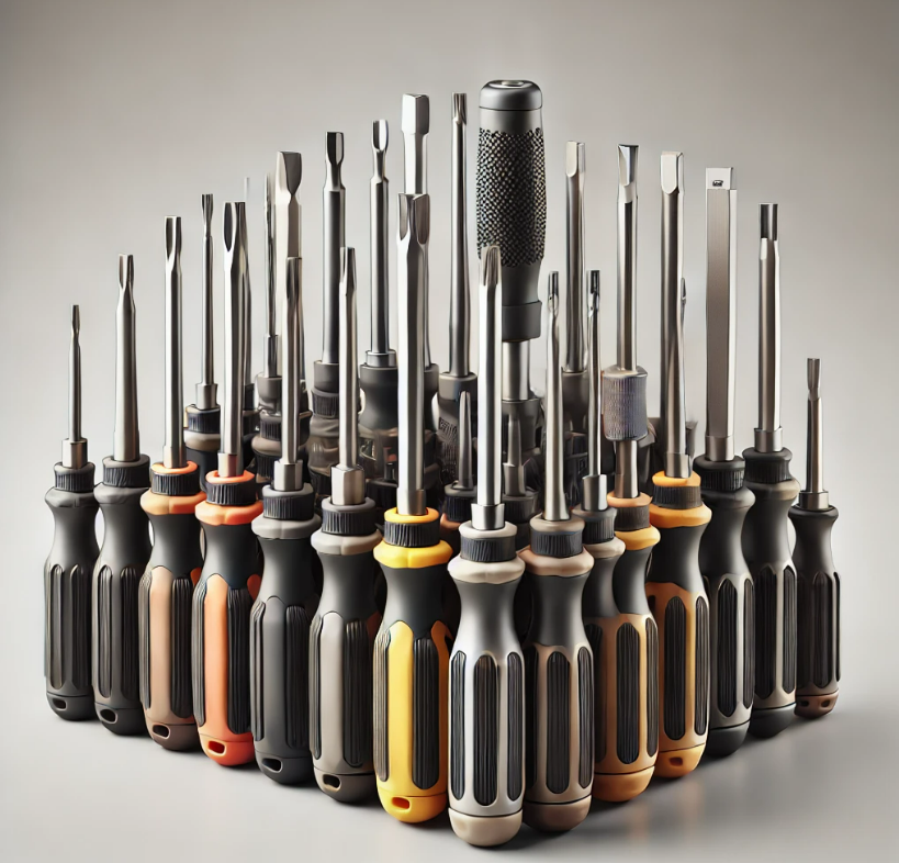 A bunch of screwdrivers are lined up in a row