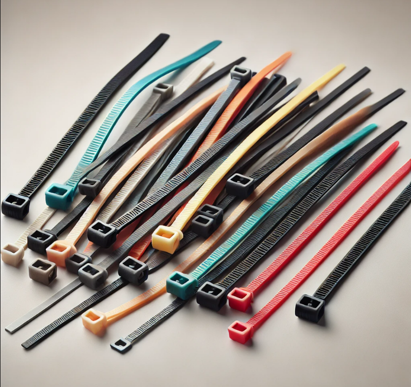 A bunch of different colored cable ties on a table