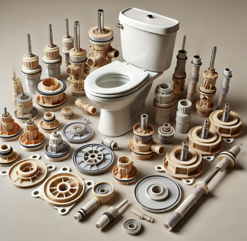 A toilet is surrounded by many different types of plumbing parts
