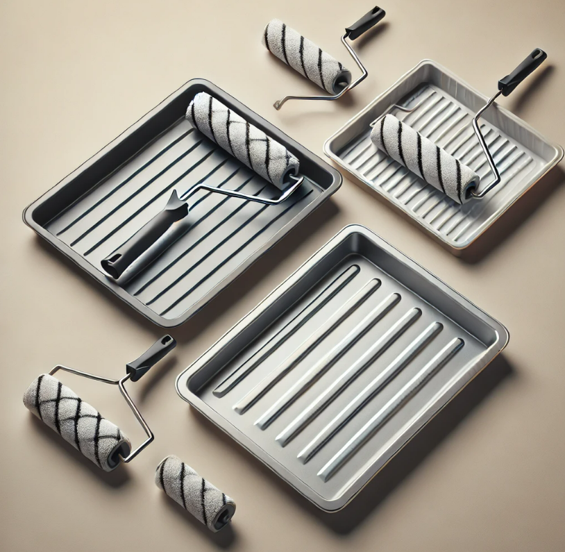 A set of paint rollers and trays on a table
